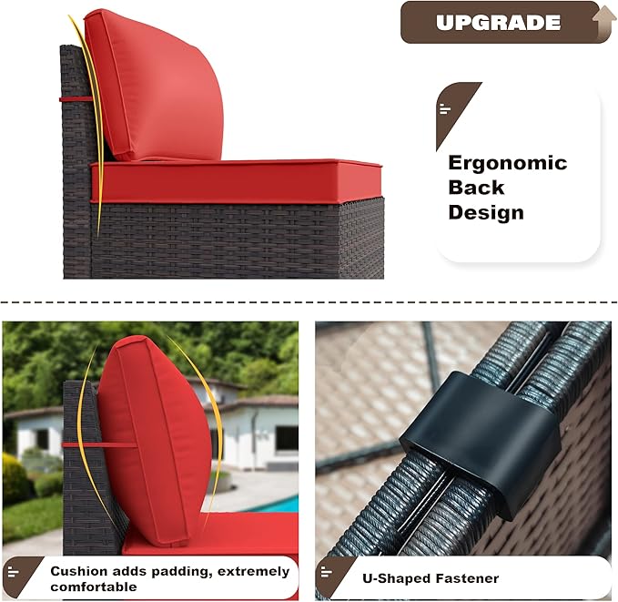 Kurapika 9 Pieces Patio Furniture Set, Rattan Wicker Sofa Set, Outdoor Conversation Sets w/Swivel Rocking Chairs Patio Sectional Sofa w/4 Inch Cushion, Red
