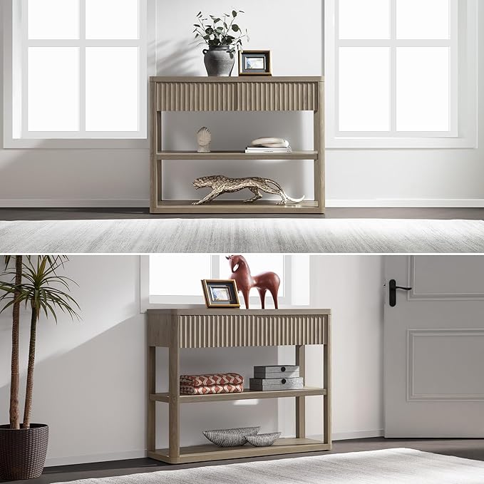 SICOTAS Fluted Entryway Table with Storage, 88.26" W Console Table with 4 Drawers & 4 Tier Storage Shelves, Modern Sofa Table Behind The Couch for Living Room, Entrance, Hallway, Foyer, Grey Alder