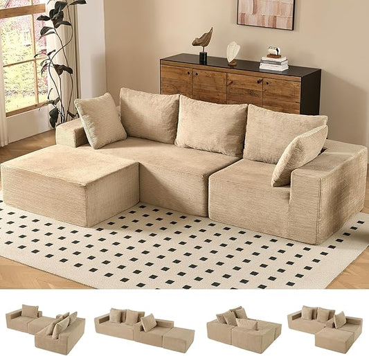 INGEROOM 108" Cloud Sectional Couch with L-Shape Chaise, Modular Sofa Memory Foam, Boneless Sofa with Movable Ottoman, Plush Corduroy Memory Foam Couch for Living Room, No Assembly, Beige Taupe