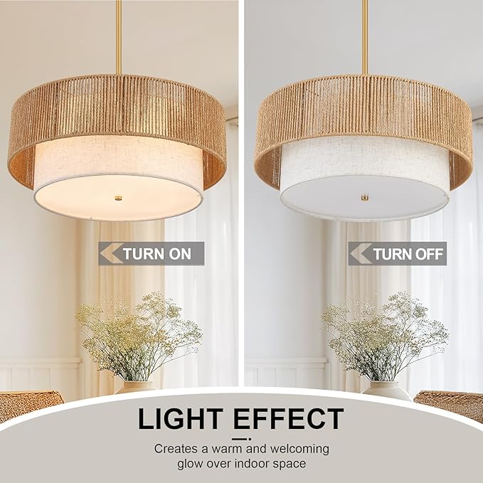 18" Drum Chandelier Dining Room Light Fixture with Rattan Shade,3-Light Modern Kitchen Table Light Fixture for Bedroom, Bathroom, Living Room