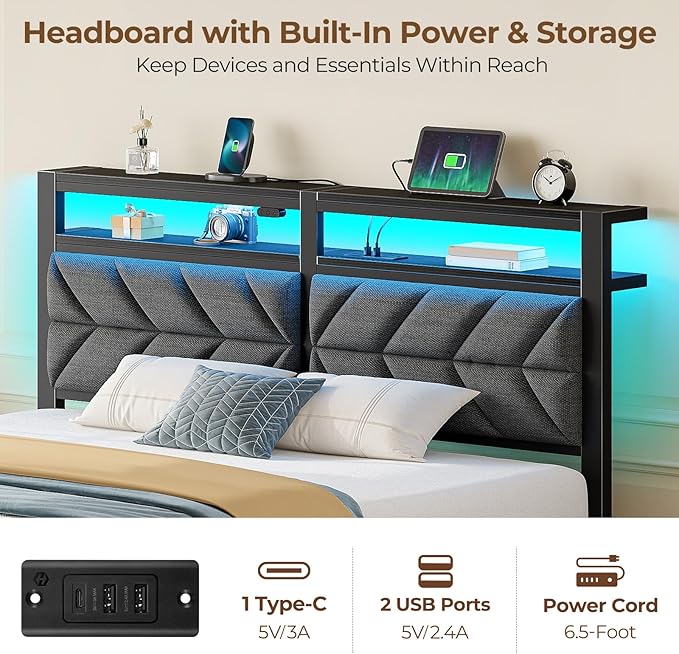 Seventable Queen Bed Frame with 4 Storage Drawers, Charging Station & LED Lights, Upholstered Headboard with 2-Tier Shelves, Metal Platform Bed, No Box Spring Needed, Noise-Free, Grey