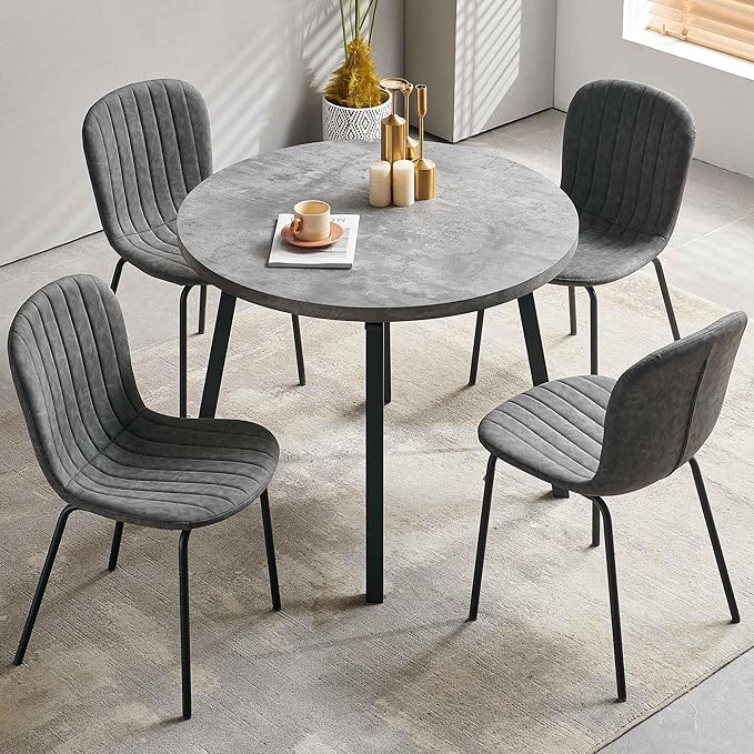 5-Piece Round Table Set for 4, 37.4" Grey Round Table with Hooks, Solid MDF Tabletop, Industrial Kitchen Table with Dark Grey PU Dining Chairs for Living Room, Dining Room