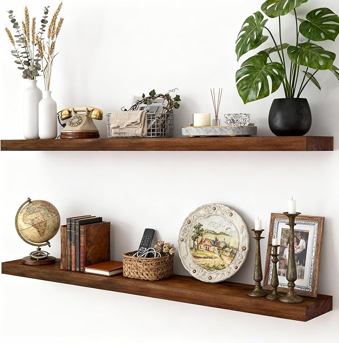 foxsky 48 Inch Solid Pine Wood Floating Shelves for Wall with Hidden Brackets, Rustic Farmhouse Wall Mounted Shelf for Bathroom, Living Room, Bedroom, Kitchen, Office Decor (Walnut)
