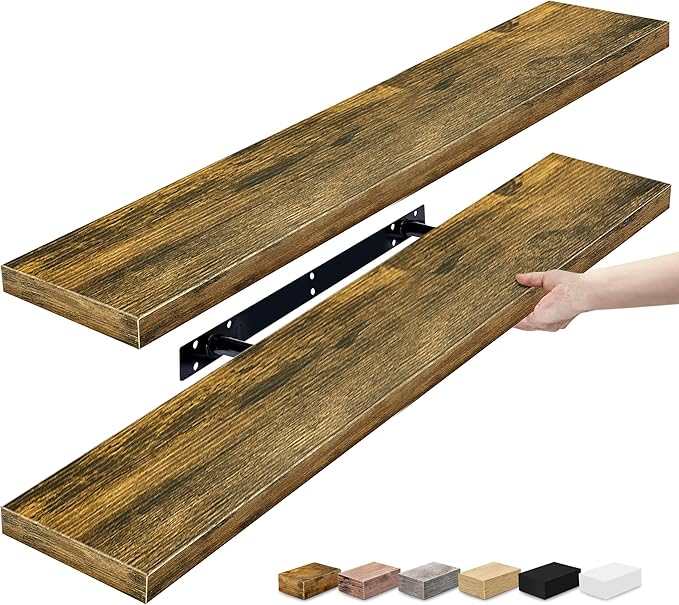 Sorbus Floating Shelves for Wall - 35 Inch Long Bathroom Shelves, Wall Decor for Bedroom, Kitchen, Living Room & Book Storage - Mounted Floating Shelf with Invisible Brackets (Rustic Brown, 2 Pack)