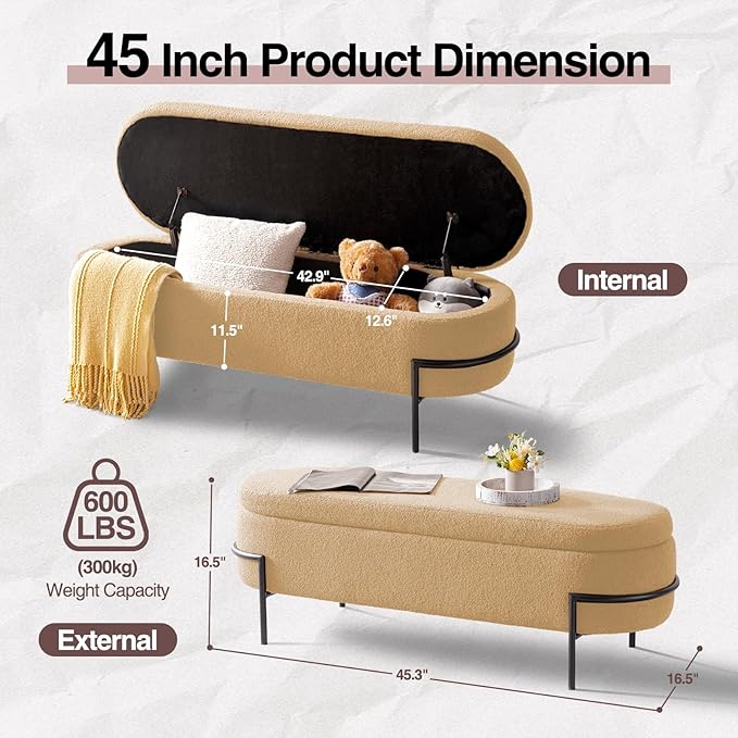 Sherpa Storage Ottoman Bench for Bedroom, Beige End of Bed Bench with Storage, Upholstered Boucle Storage Bench with Metal Stand and Hinges, Oval Ottoman for Living Room, 45 Inch