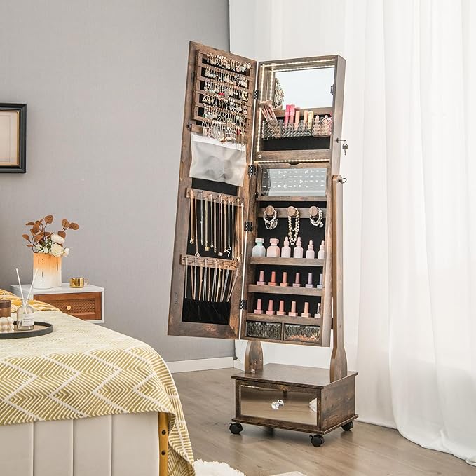 GOFLAME Standing Jewelry Cabinet Armoire with Wheels, Lockable Jewelry Storage Organizer with Full Length Mirror, 3-Color LED Lights, Interior Makeup Mirror, Jewelry Armoire for Bedroom (Rustic Brown)