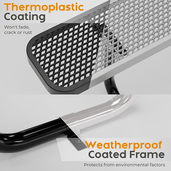 Metal Picnic Tables for Outdoors with Umbrella Hole - Coated Steel Heavy Duty Commercial Grade Furniture with Adjustable Seats (Black, 46 in, Square with Back, Expanded Steel)