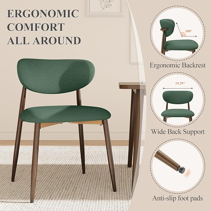 Dining Chairs Set of 2, Upholstered Dining Room Chairs with Metal Legs and Anti Slip Pads, Curved Back Kitchen Chair for Home and Restaurant Use, Green