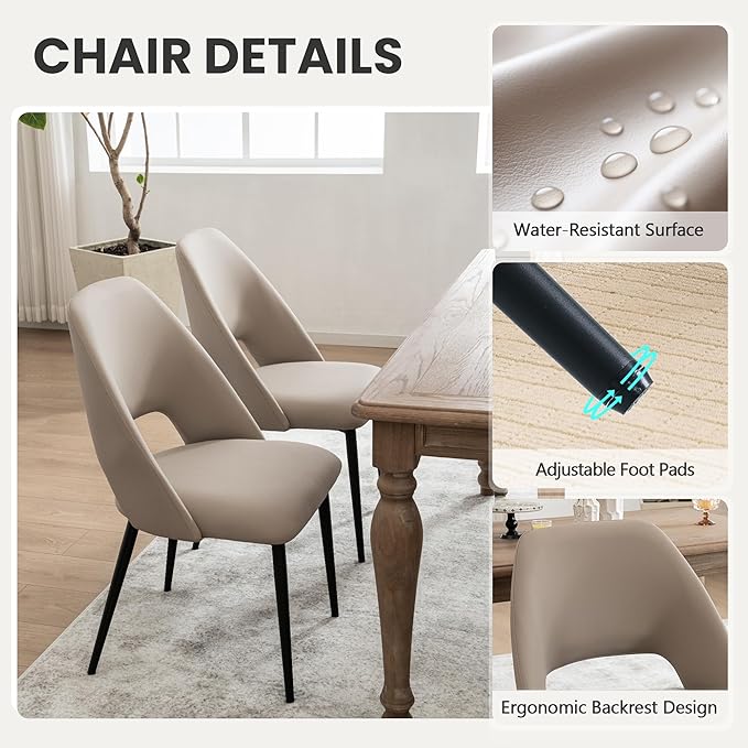 Rowill Dining Chairs Set of 2 Upholstered Dining Room Chairs Mid Century Modern Dining Chairs Faux Leather Kitchen Chairs Accent Chair with Metal Legs for Living Room Bedroom, Khaki