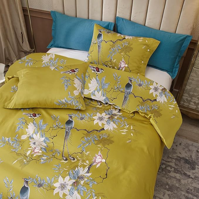EAVD Queen Comforter Set Floral Vintage Garden Floral Bedding Set Soft Microfiber Yellow Comforter with 2 Pillowcases Gorgeous Floral Cute Bird Comforter Set for All-Season