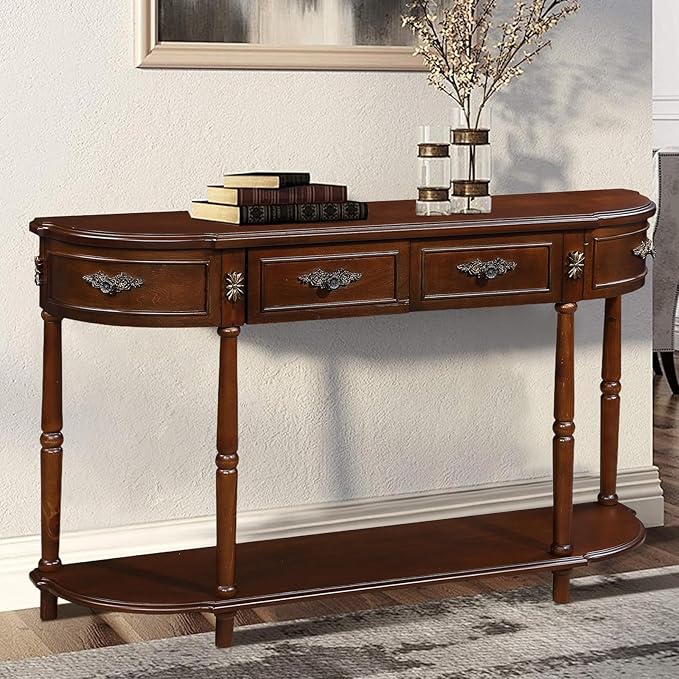 HMFULE Retro Curved Console Table, 52" Half Moon Console Table Sofa Table Entryway Table with 2 Drawers 1 Open Shelf Solid Pine Legs for Living Room,Entryway,Hallway,Cherry