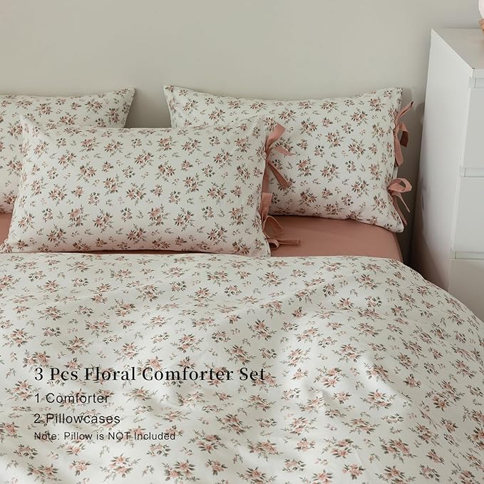 EAVD Vintage Style Pink Floral Comforter Set Queen Girls White Fluffy Microfiber Chic Garden Floral Bedding Set with 2 Pillowcases Reversible Fresh Botanical Comforter Set for All-Season