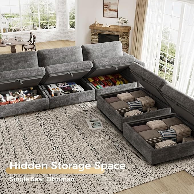 KKL Modular Sectional Couches for Living Room, Chenille 5 Seater Sofa Couch with Adjustable Backrest, Sofa Couch with Comfy Cushion, Dark Grey