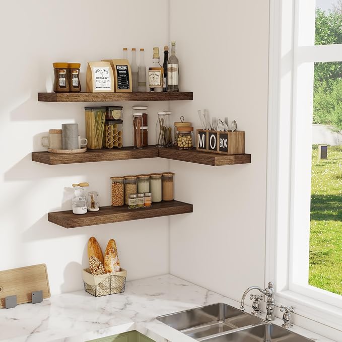 Fun Memories Floating Shelves - 2 Pack 30 Inch Long Rustic Wooden Wall Shelves - 8 Inch Deep Wall Mounted Storage Shelf with Invisible Heavy-Duty Brackets for Books, Bathroom, Kitchen - Walnut