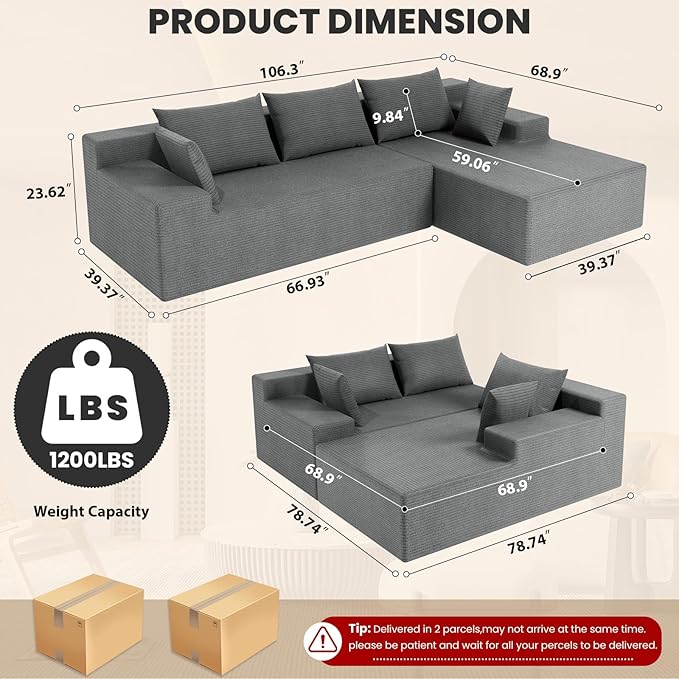 LEVELEVE 107" Cloud Sectional Couch with Deep Seat，Modern Modular Sofa with L-Shape Chaise，No Assembly Required, Upholstered Couches for Living Room Bedroom(Light Gery,Right Facing Chaise)
