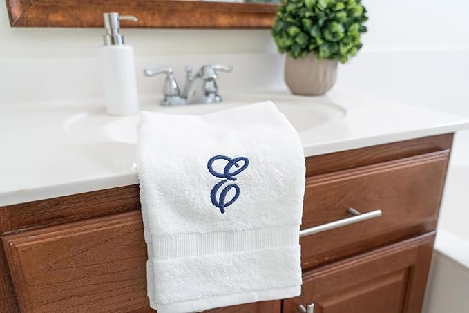 White Monogrammed Hand Towels for Bathroom - Luxury Hotel Quality Personalized Initial Embroidered Towel for Powder Room, Spa - GOTS Organic Certified - Set of 2 Navy Letter E
