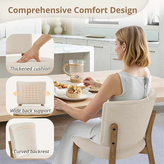LUE BONA Wooden Dining Chairs Set of 6, Comfortable Wide Back Kitchen Side Chairs, Strong Thick Legs for Modern Farmhouse Dining Room, Linen Upholstered and Natural Wood Legs