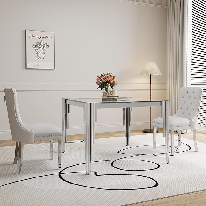 3 Piece Glass Dining Table Set, 35" Square Glass Kitchen Table with 2 White Velvet Upholstered Chairs, Silver Dining Table for 2 with Chairs Set for Kitchen, Living Room