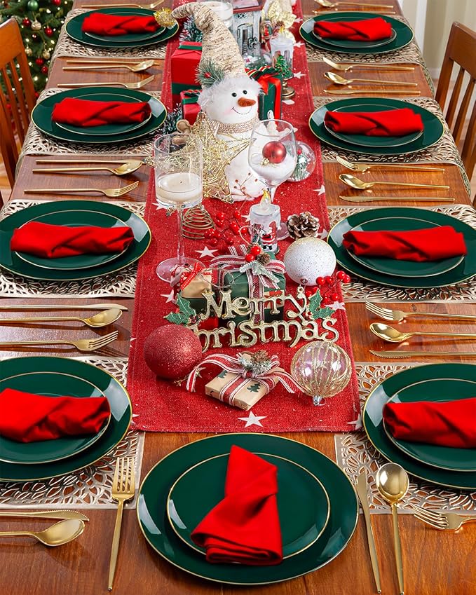PULOTE 100PCS Green Plastic Plates - Green Disposable Plates With Gold Rim - Include 50 Pieces Dinner 10.25inch,50 Pieces Dessert 7.5inch for Party&Christmas