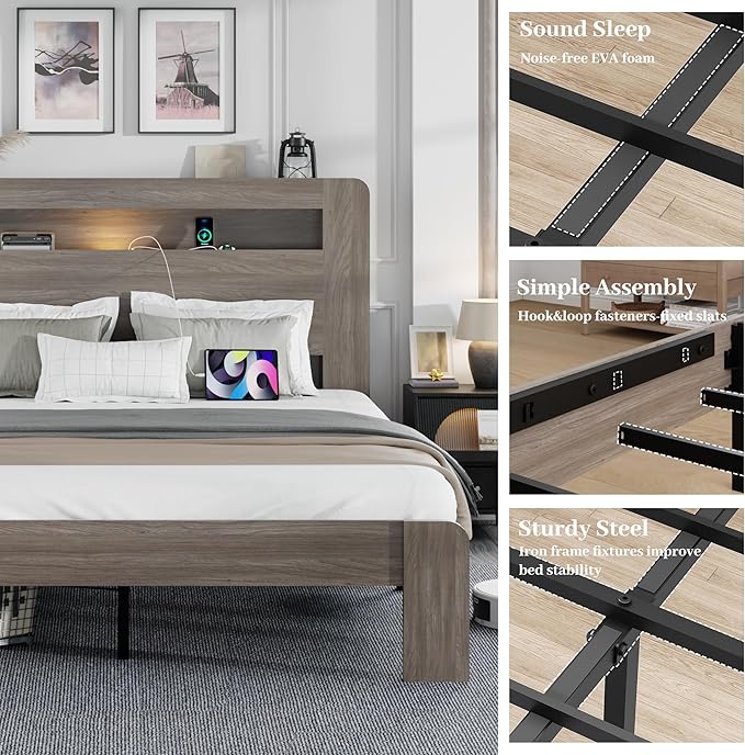 Full Size Wooden Bed Frame with Bookcace Storage Headboard, Rustic Farmhouse Bedframe with LED Lights and Charging Station, Sturdy and Stable, Slat Support, No Box Spring Required (Light Brown, Full)