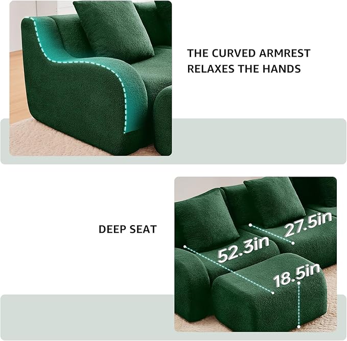 Green L-Shaped Cloud Couch with 1 Ottoman, Modern Teddy Fabric Boneless Sectional Sofa in a Box, Modular Floor Sofa for Living Room, Deep Seat, No Assembly Required, Sofas para Sala