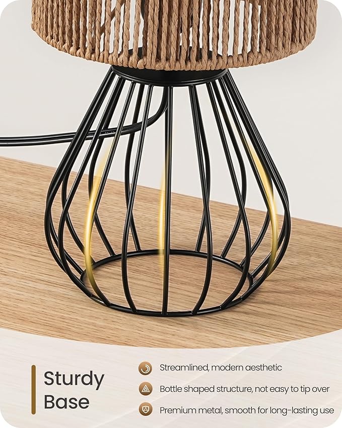 Small Bedside Lamp, Boho Table Lamp with Handwoven Paper Lampshade & Black Metal Base, Rattan Desk Lamp, Modern Nightstand Lamp for Bedroom, Living Room, 2700K LED Bulb Included, SW06TL05