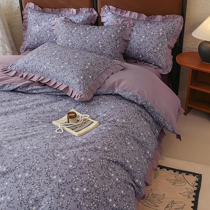 Purple Ruffle Duvet Cover King 100% Cotton Daisy Flower Comforter Cover Boho Cottagecore Bedding Set Vintage Floral Quilt Cover Romantic Ruffle Comforter Cover Botanical Floral Duvet Cover Set King