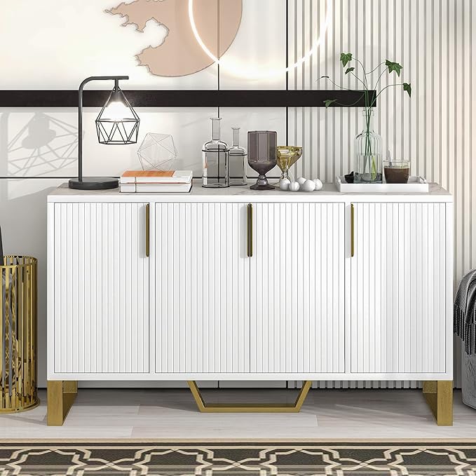 Modern Elegant Sideboard Buffet Large Storage Cabinet with Gold Metal Legs&Handles and Adjustable Shelf, 60'' Classic Console Table Sofa Table Entryway Table for Living Room Kitchen (White-60'')