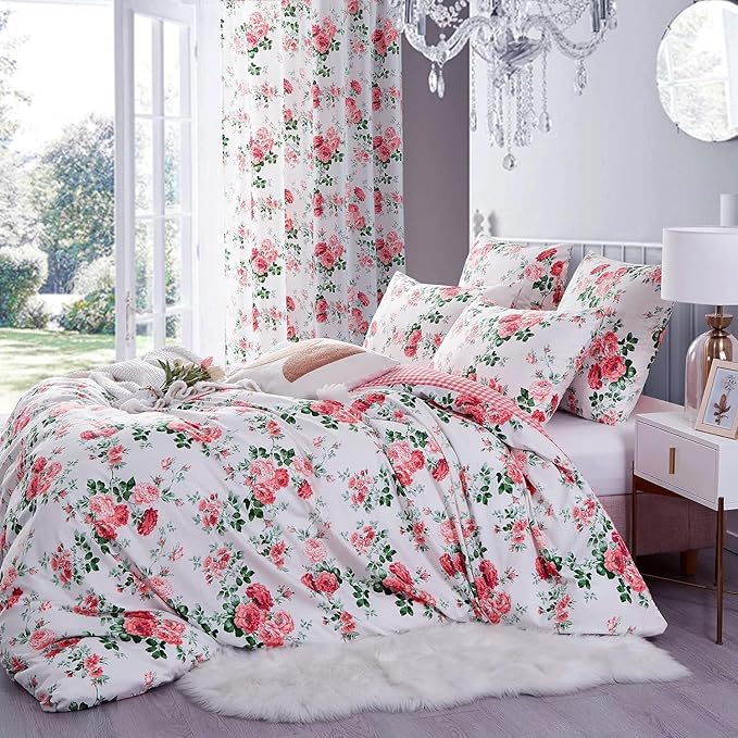 Vintage Pink Floral Duvet Cover Queen 3 Pieces Girls Cottagecore Duvet Cover Soft Microfiber Chic Rose Flower Comforter Cover Pink Plaid Grid Botanical Bedding Floral Aesthetic Comforter Cover Queen