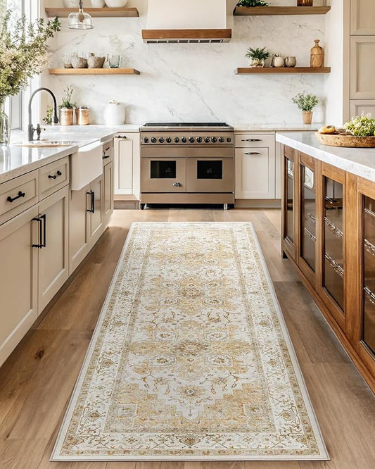 AMADA HOMEFURNISHING 2.7x10 Washable Runner Rug, Low-Profile Kitchen Rugs with Non-Slip Backing & Durable Edge Binding, Vintage Entryway Runner Rug for Bedroom & Hallway, Beige