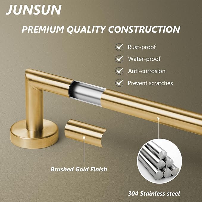 Bathroom Towel Bar 24 Inch Towel Rack Wall Mount Bath Towel Holder Modern Towel Rod Gold Bath Towel Hanger Stainless Steel Brushed Brass Bathroom Accessories Towel Rail Single Towel Bars Brushed Gold