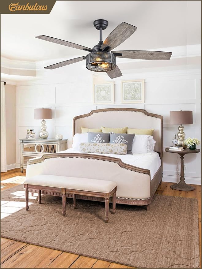 Fanbulous Farmhouse Ceiling Fans with Lights and Remote, 52 Inch Industrial Black Caged Ceiling Fans for Living Room Bedroom Kitchen, 6 Speed Reversible Quiet DC Motor, Dual Finish 5 Blades