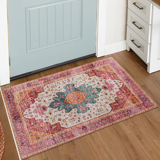 Moynesa Ultra-Thin Washable Pink Area Rug - 2x3 Small Pink Washable Bedroom Rug Entry Mat, Vintage Non-Slip Non-Shedding Low Pile Indoor Throw Carpet for Laundry Living Room Hardwood Floors Kitchen