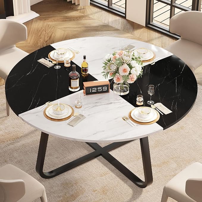 LVB Round Marble Dining Table, Modern Wood Metal Kitchen Dining Table, Industrial Small Dinner Room Table for 4 to 6 People for Living Room, Home, Apartment,Black and White Marble, 42 Inch