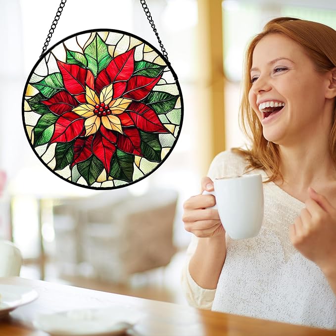 Stained Glass Window Hanging - Red Poinsettia Birth Flower Sun Catcher for Door Garden Home Decor Suncatcher Christmas Mother's Day Birthday Gifts for Women Men Mom Girl Nana Friend 15 in