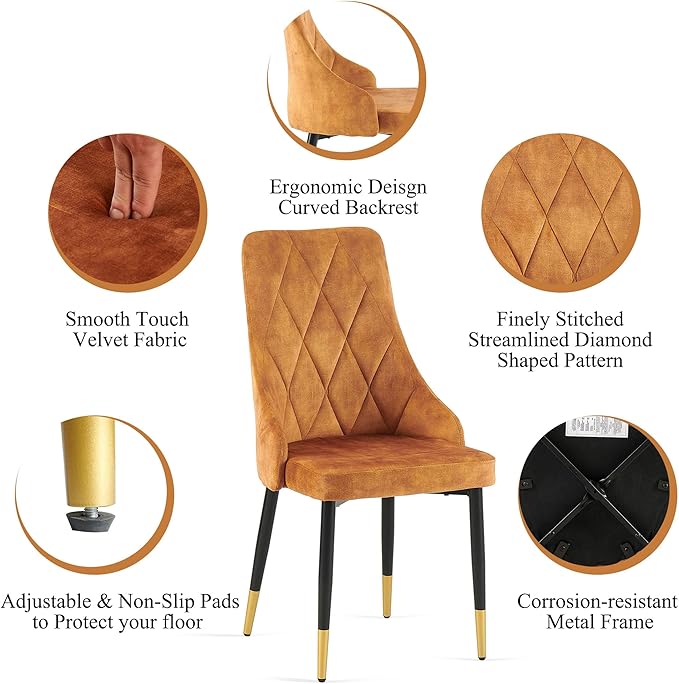 NORDICANA Upholstered Velvet Dining Chair Set of 2, Mustard Armless Side Chair with Metal Legs for Home Kitchen
