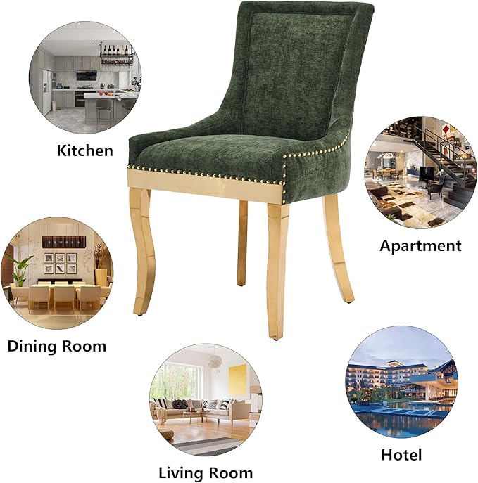 Luxury Fabirc Upholstered Dining Chairs Set of 4,Neutral Chenille Kitchen Room Chair with Nailhead Trim,4 Piece Modern Side Chairs for Dining Room,Living Room,Bar (Olive Green-Gold, Set of 4)