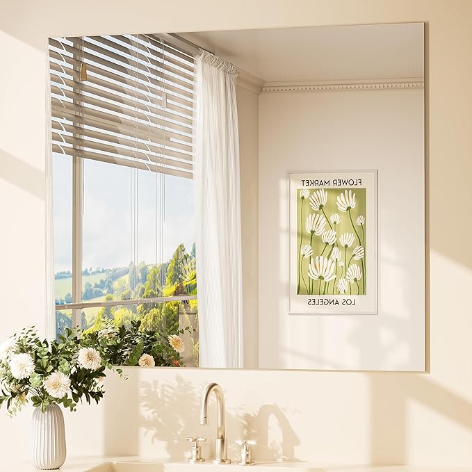 TETOTE Frameless Mirror 42" x 36" Bathroom Vanity Mirror Wall Mounted 4mm Tempered Glass, Suitable for Bedroom, Entryway, Hallway, Gym, Vertically/Horizontally