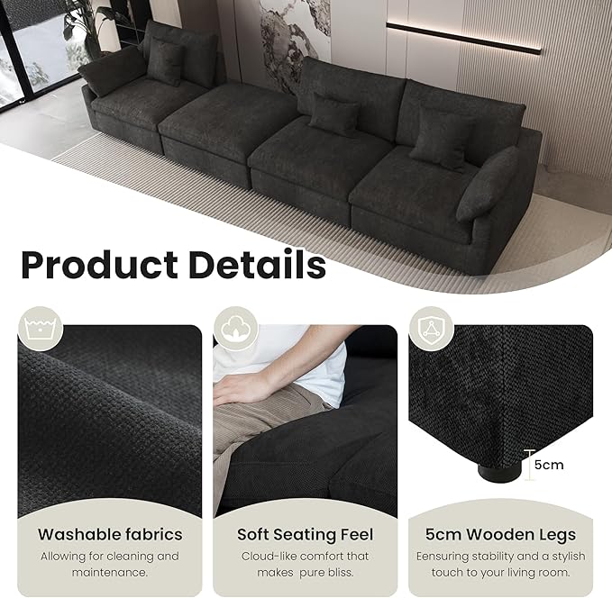Cloud Modular Sectional Sofa Couch for Livingroom,119inch Down Filled U Shaped Couch with Wide Seat,Convertible Sectional Sofa with Ottoman,Covers Washable&Replaceable,Black