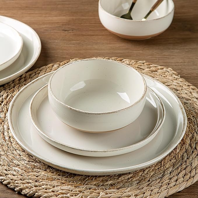 AmorArc Ceramic Dinnerware Sets with Pasta Bowls for 8, Handpainted Plates and Bowls Set with Rustic Terracotta Underside, Scratch Resistant Dishes Set, Dishwasher & Microwave Safe, 32 Pcs