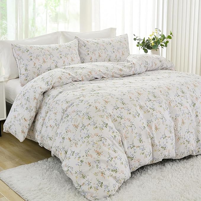 EAVD Vintage Style Garden Floral Comforter Set Full Soft Microfiber Chic Shabby Green Leaves Colorful Floral Bedding Set with 2 Pillowcases Fresh Botanical Comforter Set for All-Season