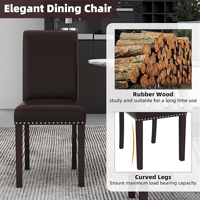 Westice Dining Room Chairs Set of 4 Upholstered PU Leather Kitchen Chairs Dining Room Side Chair with Nailhead Trim and Rubber Wood Legs for Small Space Apartment, Brown