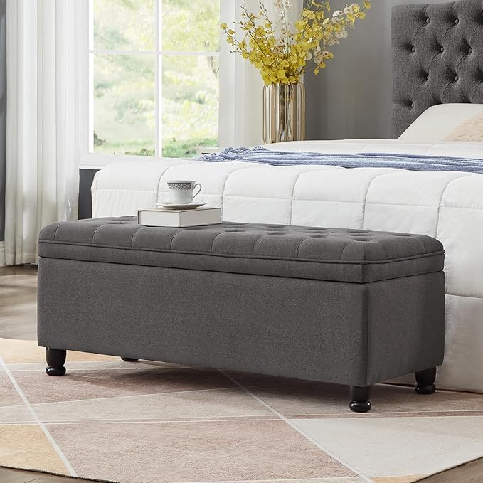 mikibama Bed End Storage Ottoman Bench,Linen Upholstered Storage Benches for Bedroom,Tufted 45" Long Ottoman Bench with Storage for Living Room Entryway Window(Dark Grey 45")