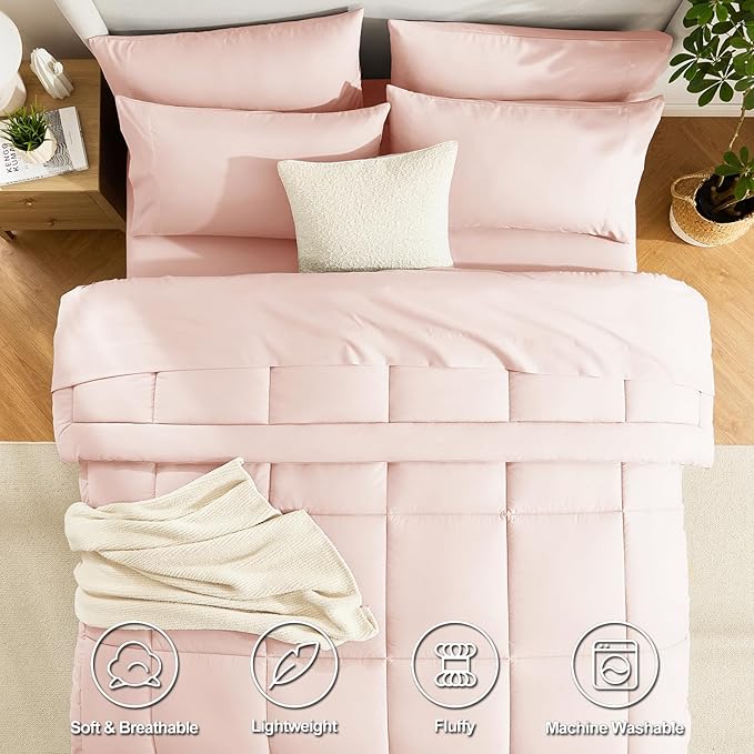 CozyLux Full Size Comforter Sets Blush Pink, 7 Pieces Bed in a Bag, Pink Comforter Full Size, All Season Bedding Sets with Stitch Quilted Comforter, Flat Sheet, Fitted Sheet, Pillowcases