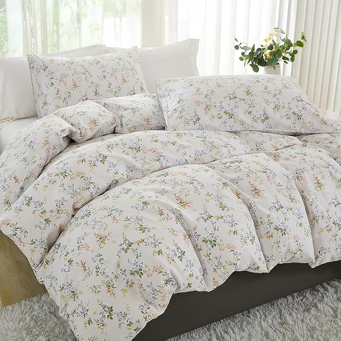 EAVD Vintage Style Garden Floral Comforter Set Full Soft Microfiber Chic Shabby Green Leaves Colorful Floral Bedding Set with 2 Pillowcases Fresh Botanical Comforter Set for All-Season