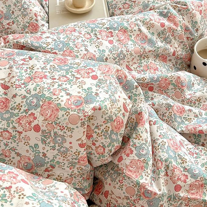 EAVD Botanical Floral Comforter Set King Soft Microfiber Chic Shabby Pink Floral Bedding Comforter Set with 2 Pillowcases French Style Botanical Comforter Set for All-Season