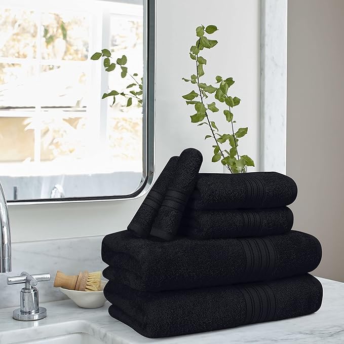 BOUTIQUO 6 Pack Cotton Towel Set, Contains 2 Bath Towels 28x55 inch, 2 Hand Towels 16x24 inch & 2 Wash Coths 12x12 inch, Ideal Everyday use, Ultra Soft Compact & Lightweight - Black