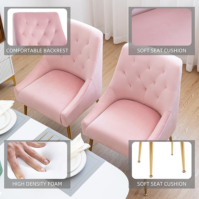 Modern Dining Chairs Set of 2, Mid Century Dining Chairs with 5.12” Cushions and Golden Legs, Velvet Upholstered with Back Pull Rod, for Kitchen, Living Room (Pink)