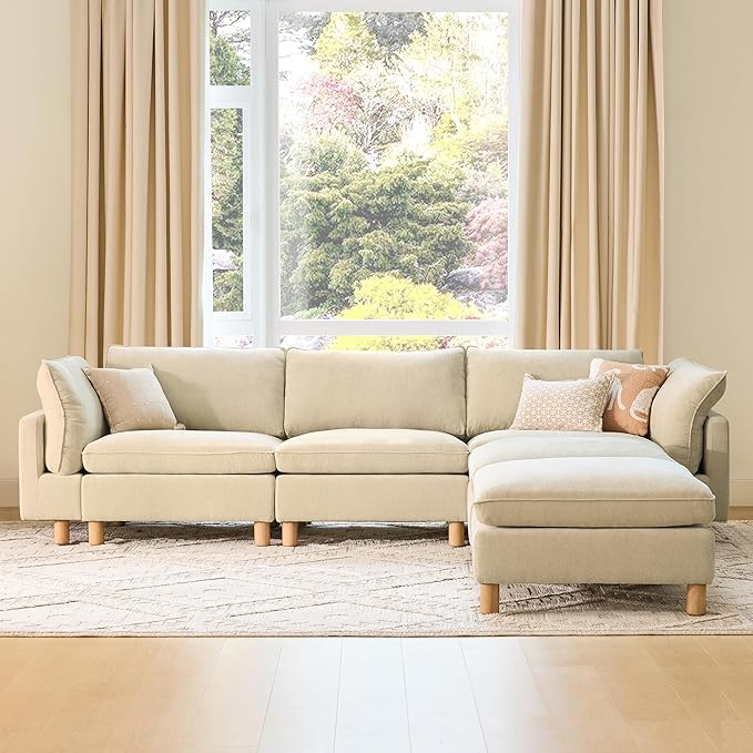 CHITA 127" Super Large Sectional Couches for Living Room, Modular Cloud Couch Sectional Sofa, Premium Fabric Couches, Down Filled, High Density Foam, Chenille in Beige, 4 Seat L Shaped