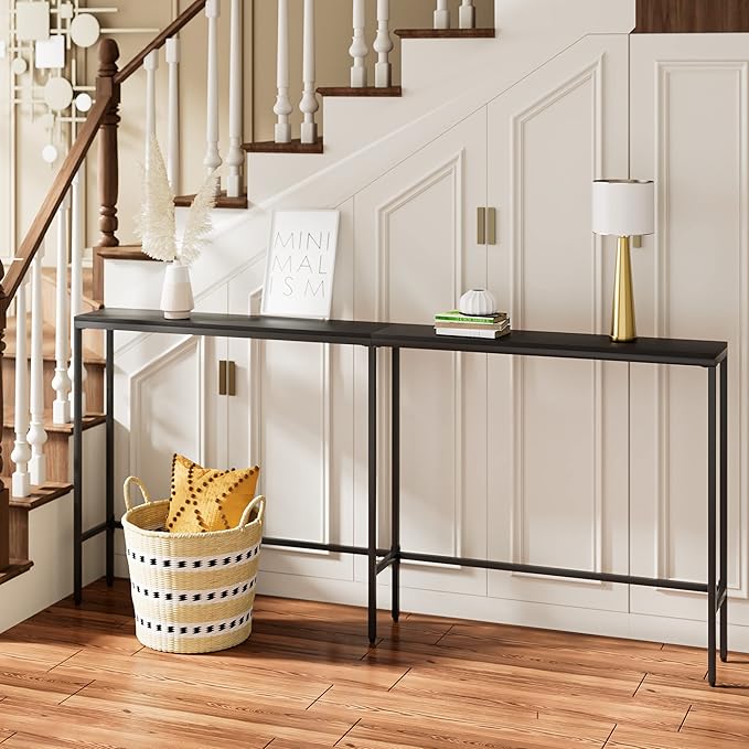 70.9" Console Table,Modern Extra Narrow Long Sofa Table Behind Couch,Skinny Entry Table with Black Metal Frame for Living Room, Hallway,Classic Black